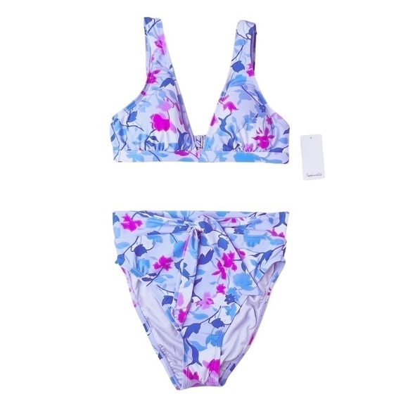 Splendid Bikini Floral Medium Triangle Top High Rise Bottoms Blue Pink New NWT - Picture 3 of 9
